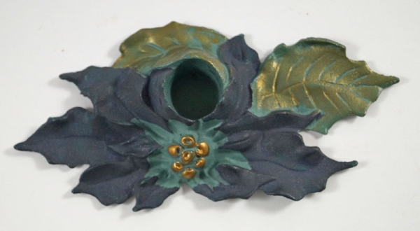 Antique Poinsettia Cast Iron Candle Holder w/