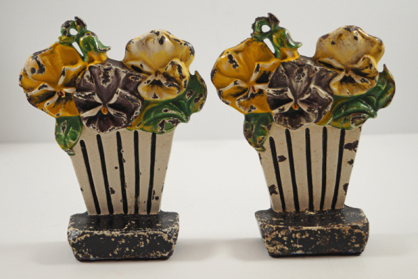 Antique Pansy Flowers Cast Iron Bookends