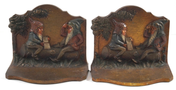 Antique Gnome on Log Cast Iron Bookends
