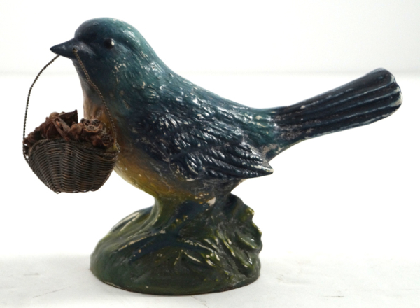Antique Blue Bird w/ Basket Chalk Figurine 