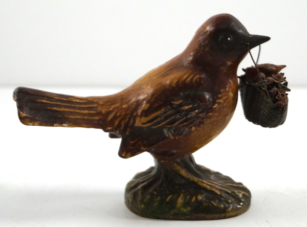 Antique Wren Bird w/ Basket Chalk Figurine